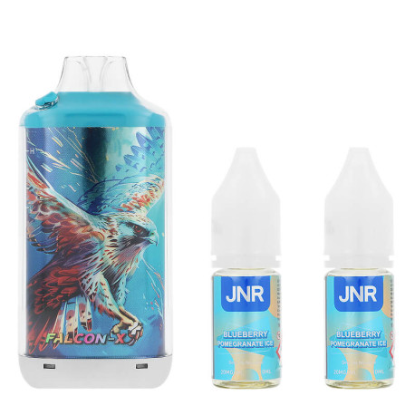 Le contenu de la boîte de la Puff Rechargeable Falcon-X Plus Blueberry Pomegranate Ice par JNR