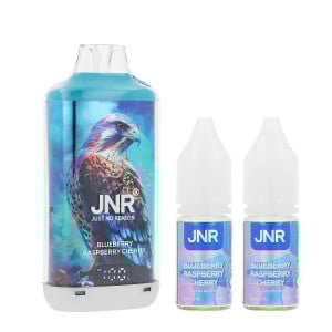 Zoom sur la puff rechargeable Falcon-X Plus par JNR avec ses deux e-liquides