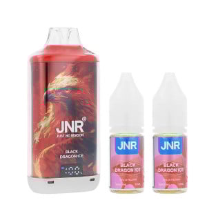 Zoom sur la puff rechargeable Falcon-X Plus par JNR et ses deux e-liquides