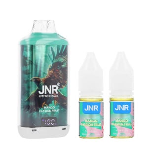 La puff rechargeable Falcon-X Plus par JNR et les deux flacons de e-liquide Mango Passion Fruit en sel de nicotine 20mg/ml