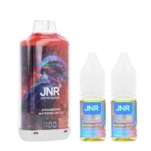 La puff rechargeable Falcon-X Plus par JNR et les deux e-liquides 10ml Strawberry Watermelon Ice