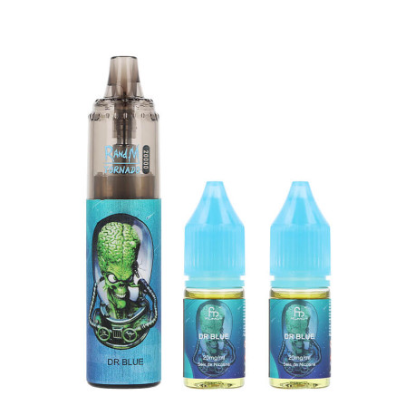 La puff rechargeable Tornado RandM Dr Blue de chez Fumot et ses deux e-liquides en 20mg/ml