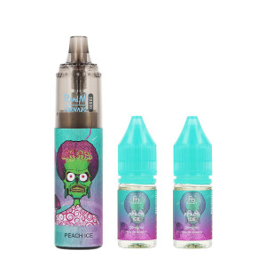 La puff rechargeable Tornado RandM Peach Ice de chez Fumot et ses deux flacons de e-liquide en 20mg/ml
