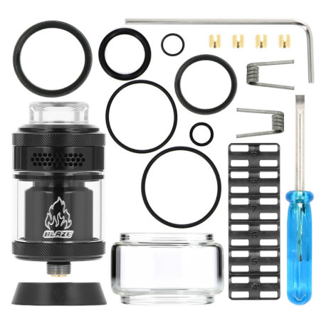 Le contenu de la boîte de l'atomiseur Blaze Solo 2 RTA de THC et Mike Vapes
