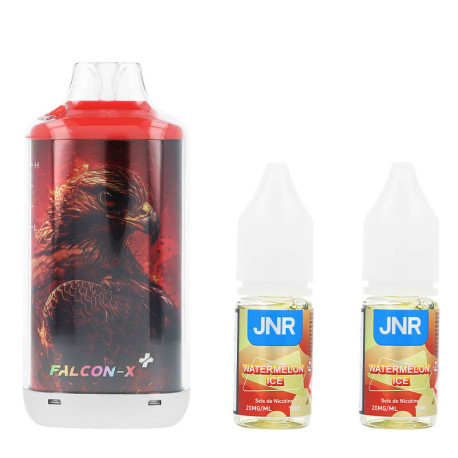 Le contenu de la boîte de la Puff Rechargeable Falcon-X Plus Watermelon Ice par JNR