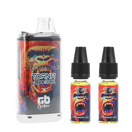 La Puff Rechargeable Torna Max Strawberry Iced de chez Torna-Bar et les deux e-liquides