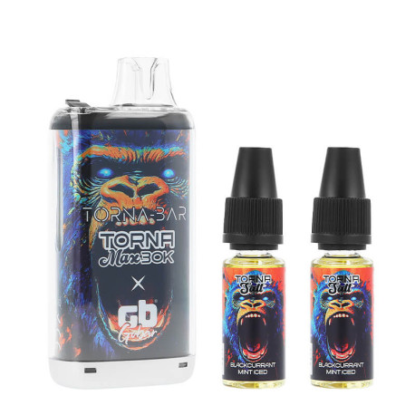 La puff rechargeable Torna Max Blackcurrant Mint Iced de chez Torna-Bar et les deux e-liquides