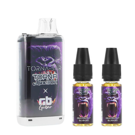 La puff rechargeable Torna Max Dragon Fruit Blue Iced de chez Torna-Bar et les deux e-liquides