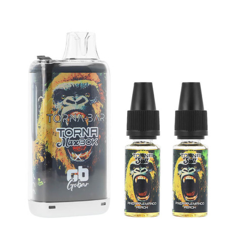 La Puff Rechargeable Torna Max Pineapple Mango Peach de chez Torna-Bar et les deux e-liquides