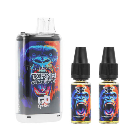 La puff rechargeable Torna Max Blueberry Jam de chez Torna-Bar et les deux flacons de e-liquide