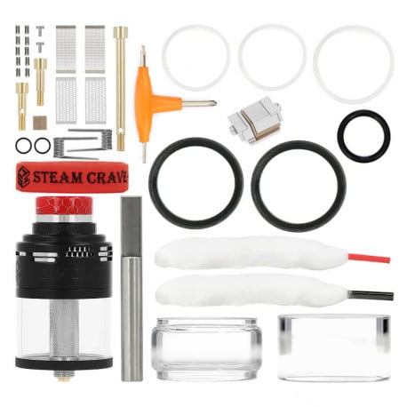 Le contenu de la boîte de l'Aromamizer Plus V4 RDTA de chez Steam Crave