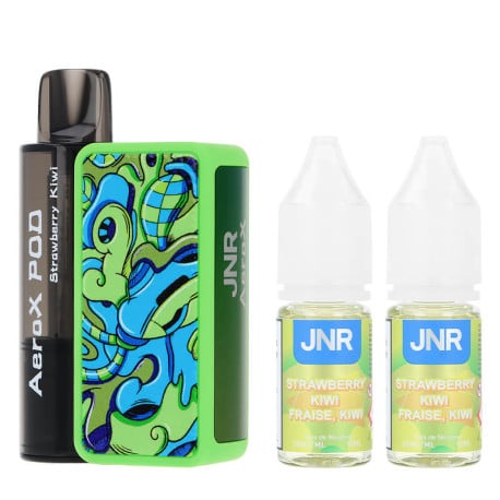 La puff rechargeable Strawberry Kiwi AeroX de chez JNR et ses deux e-liquides en sel de nicotine