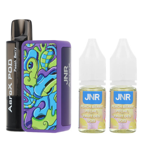 La puff rechargeable Peach Berry AeroX de chez JNR et ses deux e-liquides en sel de nicotine