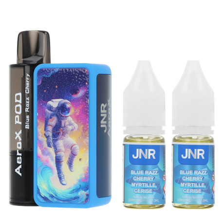 La puff rechargeable Blue Razz Cherry AeroX de chez JNR et ses deux e-liquides en sel de nicotine