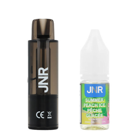 La cartouche AeroX de JNR et le e-liquide Summer Peach Ice en 20mg/ml de sel de nicotine