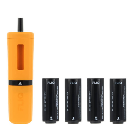 La puff rechargeable Fliq de Vampire Vape et les 4 cartouches Tropical