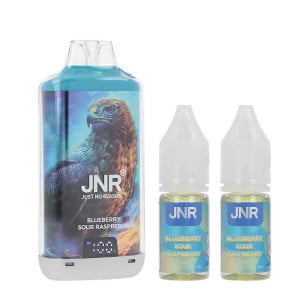 La puff Falcon-X Plus de JNR et les deux e-liquides Blueberry Sour Raspberry