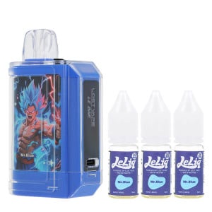 La puff rechargeable Le Bar 45K de Lost Vape et les trois e-liquides Mr Blue