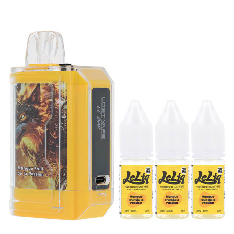 La puff rechargeable Le Bar 45K de Lost Vape et les trois e-liquides Mangue Fruit de la Passion