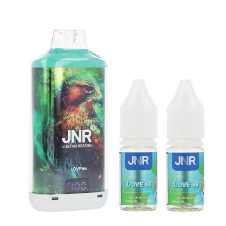 La puff rechargeable Falcon-X Plus de JNR et les deux e-liquides Love 66