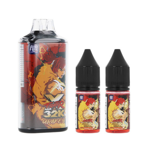 La puff rechargeable 32K Fighter X et les deux e-liquides Uraken de Maison Fuel