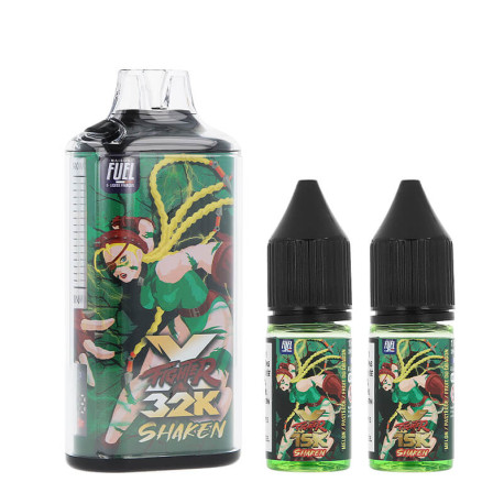 La puff Rechargeable Shaken 32K Fighter X par Maison Fuel et ses deux e-liquides