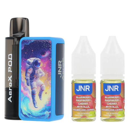 La puff rechargeable Aerox de JNR avec les deux e-liquides Blueberry Raspberry Cherry