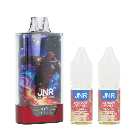 La puff rechargeable Strawberry Watermelon Ice 43K Gorilla X par JNR et ses deux e-liquides en sels de nicotine