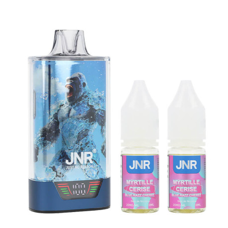 La puff rechargeable Blue Razz Cherry 43K Gorilla X par JNR et ses deux e-liquides en sels de nicotine