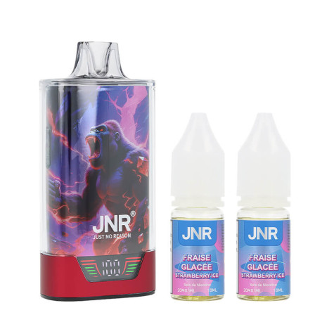 La puff rechargeable Strawberry Ice 43K Gorilla X de JNR et ses deux e-liquides en sels de nicotine