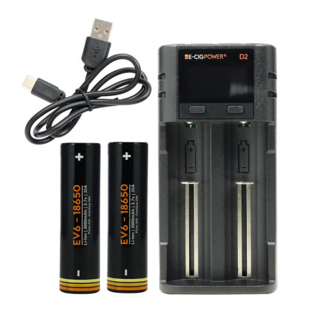 Le contenu du Pack Chargeur D2 LCD Accu EV6 18650 de E-Cig Power par A&L