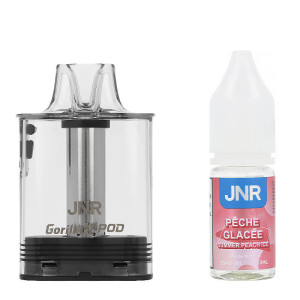 La cartouche Gorilla X de JNR et son e-liquide Summer Peach Ice 10ml en sels de nicotine 20mg/ml