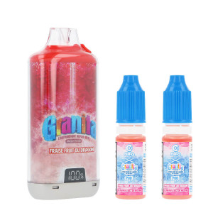 La puff Granita 30K et les deux e-liquides Fraise Fruit du Dragon de Alfaliquid