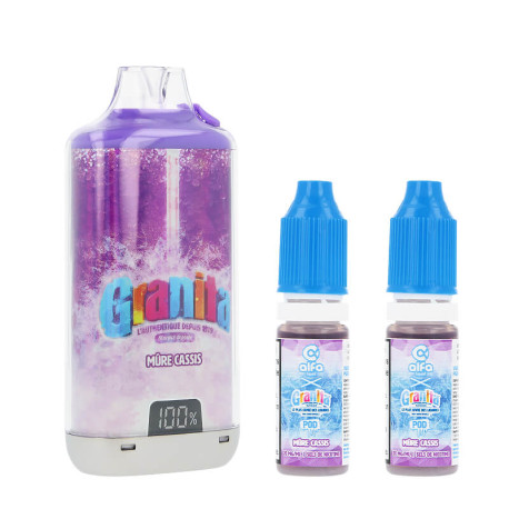 La puff Granita 30K et les deux e-liquides Mûre Cassis par Alafliquid