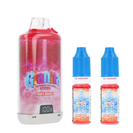 La puff Granita 30K Fruits Rouges de Alfaliquid et ses deux e-liquides en sels de nicotine en 20mg/ml