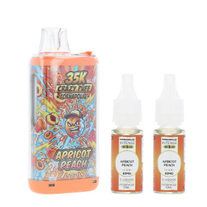 La Crazy Puff 35K et les deux e-liquides Apricot Peach de Tornadoliq