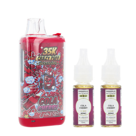 La Crazy Puff 35K et les deux e-liquides Cola Cherry de Tornadoliq