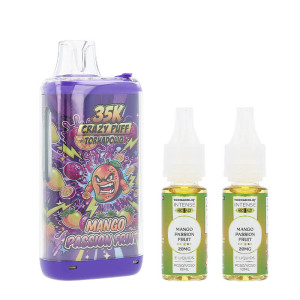 La Crazy Puff 35K et les deux e-liquides Mango Passion Fruit par Tornadoliq