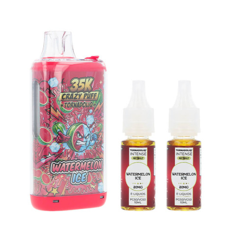 La Crazy Puff 35K et les deux e-liquides Watermelon Ice de Tornadoliq