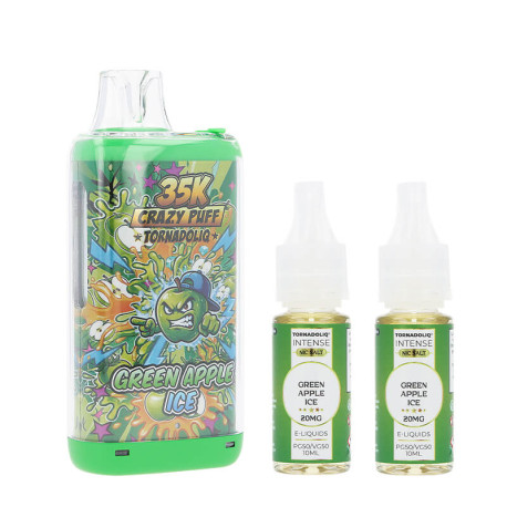La Crazy Puff 35K et les deux e-liquides Green Apple Ice de Tornadoliq