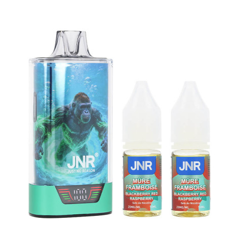 La puff Blackberry Red Raspberry 43K Gorilla X de JNR et ses deux e-liquides en sels de nicotine