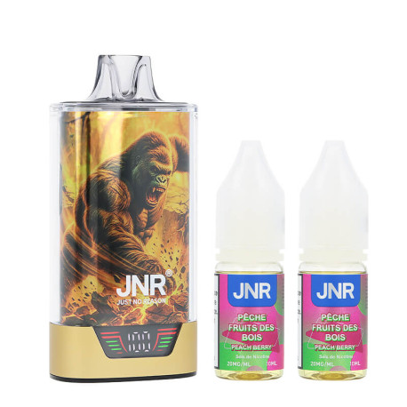 La puff rechargeable Peach Berry 43K Gorilla X par JNR et ses deux e-liquides en sels de nicotine