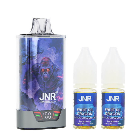 La puff rechargeable Black Dragon Ice 43K Gorilla X par JNR et ses deux e-liquides en sels de nicotine