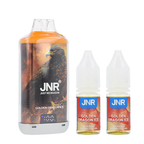 La puff Falcon-X Plus et les deux e-liquides Golden Dragon Ice par JNR