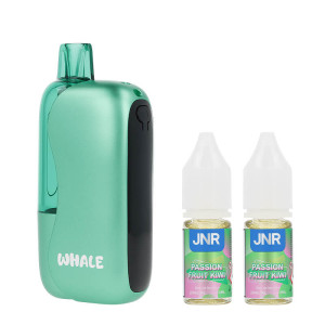 La puff Whale 38K Passion Fruit Kiwi de JNR et ses deux e-liquides