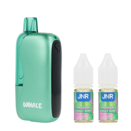 La puff Whale 38K Passion Fruit Kiwi de JNR et ses deux e-liquides