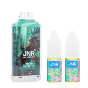 JNR's Falcon-X Plus refillable puff and the two bottles of e-liquid Mango Passion Fruit in nicotine salt 20mg/ml
