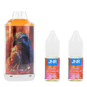 JNR's Falcon-X Plus Cherry Watermelon Freeze Refillable Puff and its e-liquid bottles