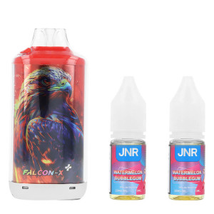 JNR's Falcon-X Plus refillable puff and the two Watermelon Bubblegum e-liquids