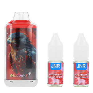 JNR's Falcon-X Plus refillable puff and the two Watermelon Mango Peach e-liquids